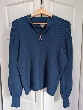 Blue Quarter-Zip Ribbed Sweater